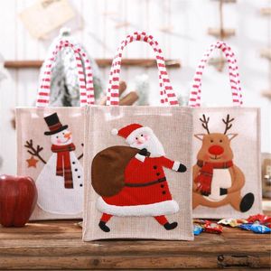 Boîtes de rangement Noël Cartoon Imprimer Patch Broderie Toile De Jute Cadeau Sac Décorations Fourre-Tout Trois Impression Pour # 50g