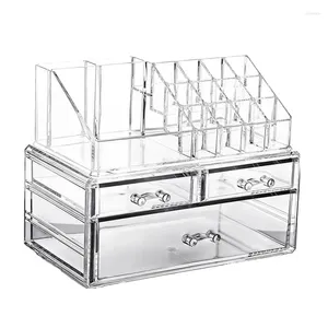 Opbergdozen Doorzichtige make-up organizer Plastic met 3 laden Verwijderbaar van de bovenste lippenstifthouders Verbeter uw ijdelheid Badkamerdressoir