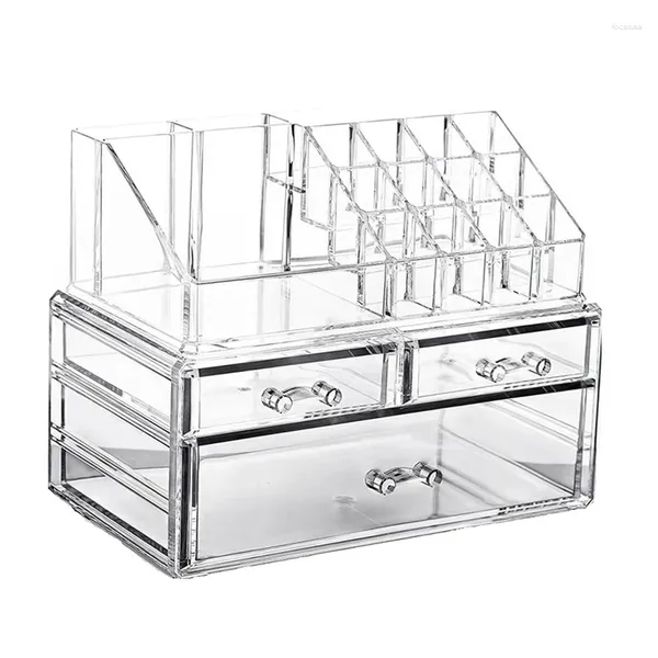 Boîtes de rangement Organisateur de maquillage transparent en plastique avec 3 tiroirs amovibles des supports de rouge à lèvres supérieurs Améliorez votre commode de salle de bain