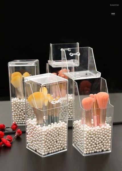 Boîtes de rangement Clear Square MakeUp Brush Holder Box On Sales Pearls In White And Pink Wholesale Drop