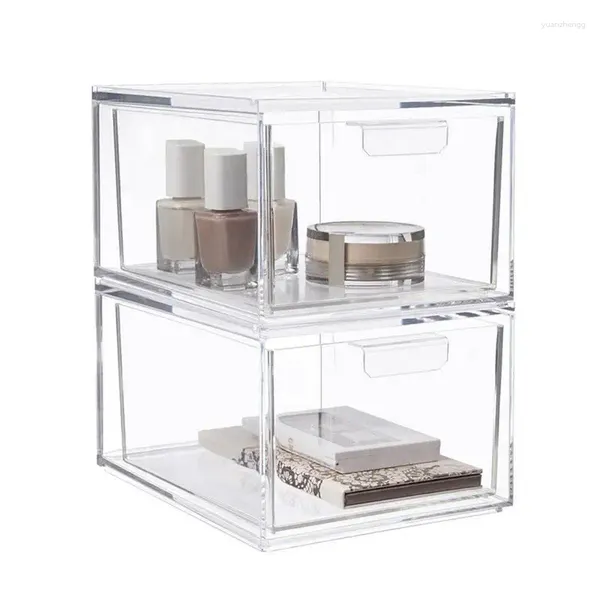 Cajas de almacenamiento Organizador de maquillaje de tocador transparente Juego de cajones apilables 2pcs con manijas extractoras multifuncionales para gabinetes