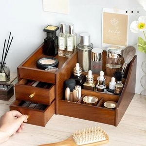 Cajas de almacenamiento con textura de madera transparente, organizadores de maquillaje, cajón de gran capacidad, mango de lujo, accesorios para el hogar, máscara de lápiz labial, cuidado de la piel