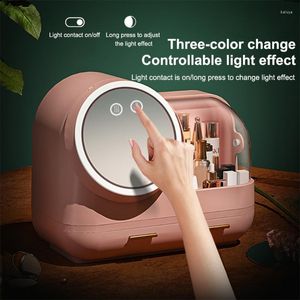 Boîtes de rangement Miroirs compacts Boîte Lumière LED Ventilateur interne Tiroir de bureau Beauté Produit cosmétique Organisateur de maquillage en plastique
