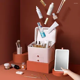 Cajas de almacenamiento, caja de cosméticos, organizadores de maquillaje con espejo, organizador de escritorio para cuidado de la piel, cajón impermeable portátil a prueba de polvo