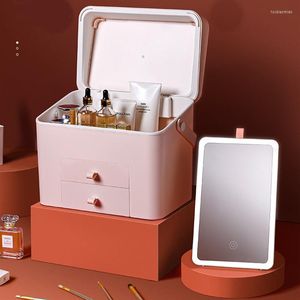 Boîtes de rangement boîte à cosmétiques Portable tiroir étanche à la poussière avec miroir bureau soins de la peau organisateur vanité