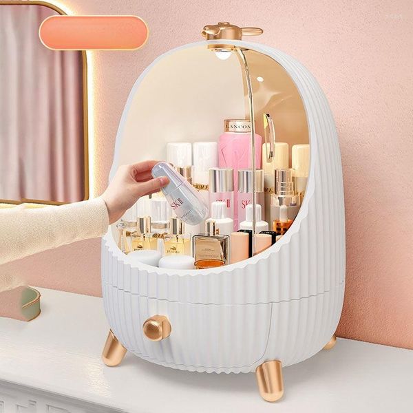 Boîtes de rangement Boîte cosmétique avec lumière LED Transparent Maquillage Bijoux Tiroir Maison Boxs Organisateur de voyage multifonctionnel