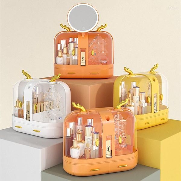 Boîtes de rangement Boîte à cosmétiques avec miroir Organisateur de maquillage Bureau Soins de la peau Rouge à lèvres Boucles d'oreilles Présentoir Collier Bijoux Conteneur