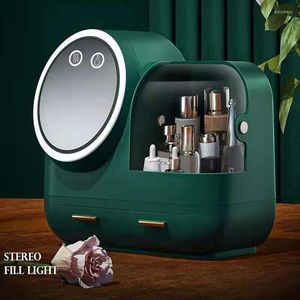 Opslagboxen Cosmetische opslagbox met LED -make -upspiegel Creatieve bureaubladstofvrije huidverzorgingsproducten Krandtafel Doos