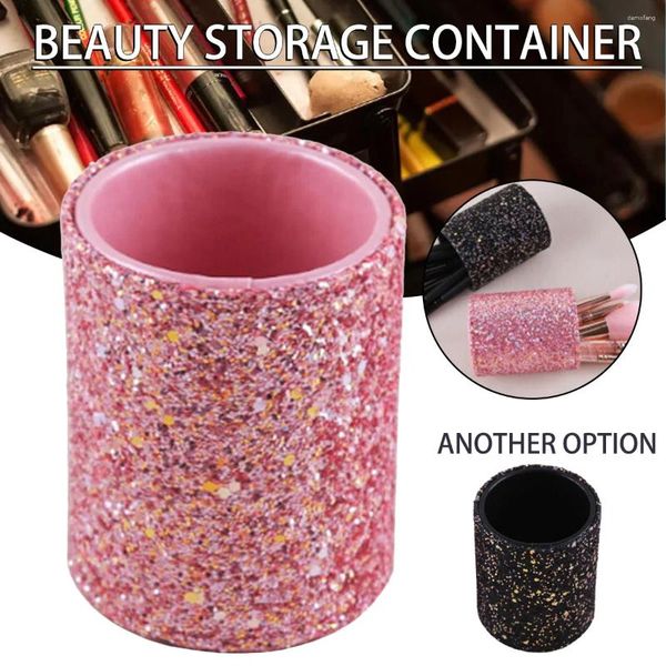 Boîtes de rangement Cosmetics Makeup Brush Presseur Black / Pink Round PU Glitter stylo Pot Pot Eyeliner Brouss de lèvres