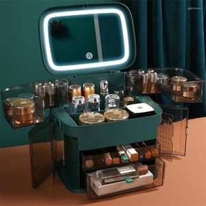 Boîtes de rangement Boîte d'organisation de cosmétiques Produits de soins de la peau anti-poussière LED de bureau de grande capacité avec miroir Bijoux intégrés