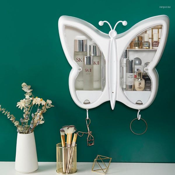 Caixas de armazenamento criativa borboleta caixa de maquiagem punch-livre à prova de poeira banheiro fixado na parede rack organizador beleza jóias