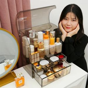 Boîtes de rangement Affichage des tiroirs à poussière Organisateur de maquillage en acrylique Capacité étanche cosmétique avec boîte haute