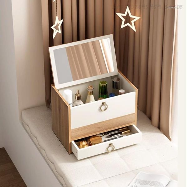 Cajas de almacenamiento Escritorio doméstico europeo con cajón de espejo Tocador Dormitorio simple Caja de cosméticos de madera grande ZP7091600