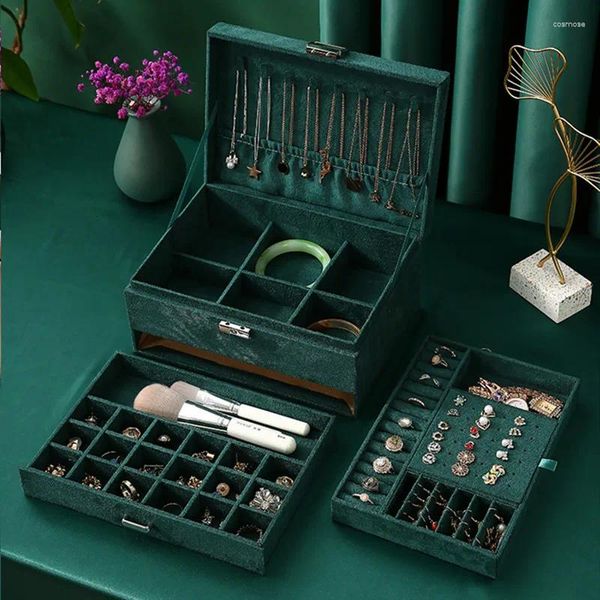 Boîtes de rangement en flanelle verte, organisateur de bijoux, haute capacité, bague, collier, étui maquillage, boîte pour femmes avec serrure