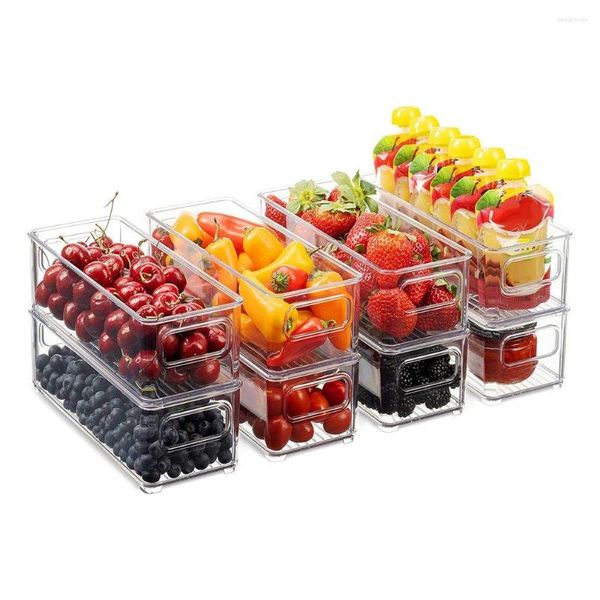 Cajas de almacenamiento Organizador de refrigerador de cocina con manijas de fruta transparente Bebida vegetal Caja de plástico apilable de plástico de refrescos