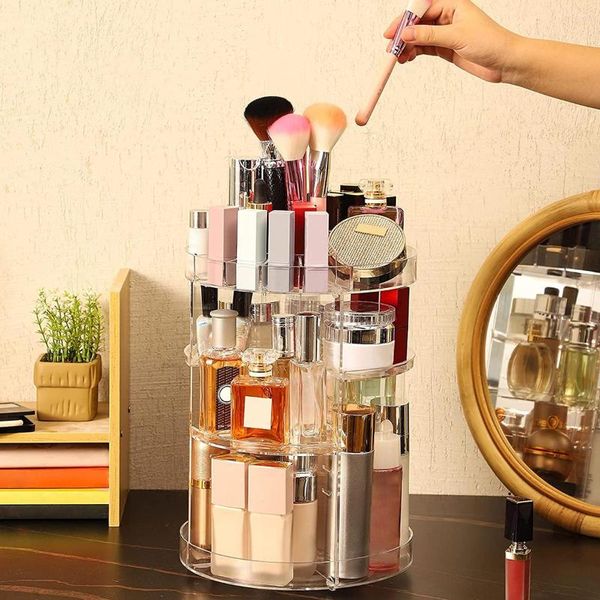 Boîtes de rangement L Organisateur de maquillage rotatif 360 ﾰ Spinning Mamor Up Stand 4 couches Effacer la boîte d'affichage cosmétique réglable DIY