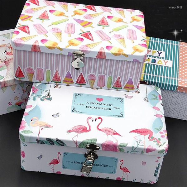 Boîtes de rangement Grand Style de mode Cosmétique Bijoux Boîte en étain pour enfants Cadeau Thé Cookie Organisateur avec Passwprd Serrure Secret Métal