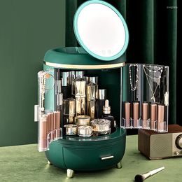 Boîtes de rangement miroir de maquillage à LED, bijoux de bureau, étui de rouge à lèvres, produits de soins de la peau anti-poussière et boîte de cosmétiques de finition