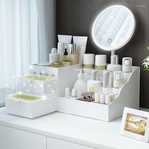 Opbergdozen Led Mirror Make -up Organisator Badkamer Grote capaciteit Doos Skinverzorging Dremmers Tafel Girl Cosmetische schoonheidsbehuizing