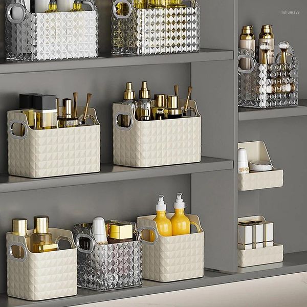 Boîtes de rangement Luxury Cosmetic Box Organisateur de salle de bain Cosmet Beauty Makeup Makinp Skincare Organiseurs Maling Up Rack Qtip Container
