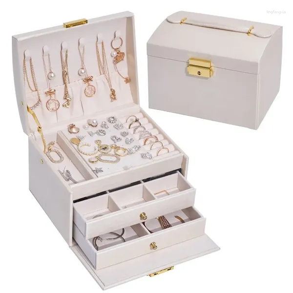 Cajas de almacenamiento Caja organizadora de joyería de lujo para collar Pendiente Anillo Joyería de cuero