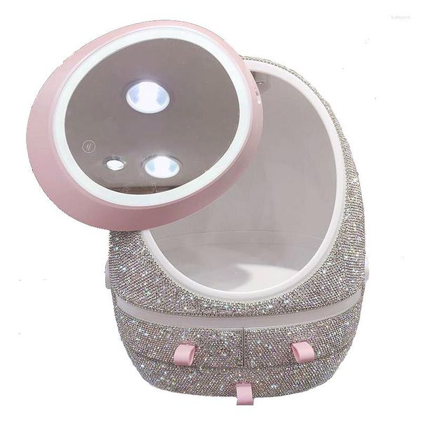 Boîtes de rangement de luxe, grand organisateur de maquillage avec miroir lumineux LED, rose scintillant, tiroir anti-poussière, brosse, vernis à ongles, étui cosmétique