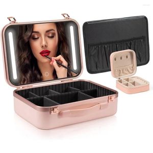 Cajas de almacenamiento bolsa de maquillaje estuche iluminado espejo de luz LED grande divisor ajustable impermeable portátil maquillaje bolsas de cosméticos rosa