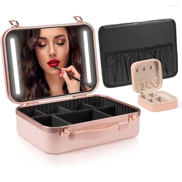 Boîtes de rangement, sac de maquillage, étui éclairé, grand miroir lumineux LED, séparateur réglable, étanche, Portable, sacs à cosmétiques roses