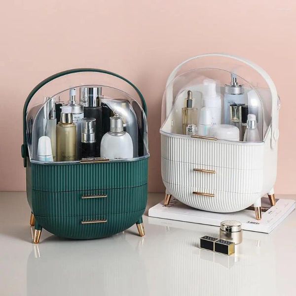 Boîtes de rangement Boîte de maquillage Organisateur cosmétique Ovale portable avec un trépied plaqué Gold Fenêtre transparente pour salle de bain