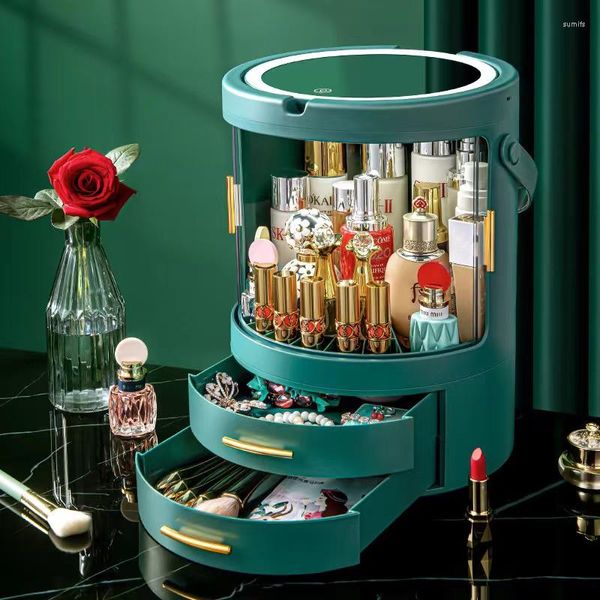 Cajas de almacenamiento, caja organizadora de maquillaje, estante giratorio para productos cosméticos de lápiz labial de escritorio con espejo, luz LED, carga USB