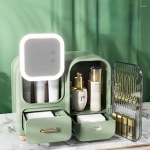 Boîtes de rangement organisateur de maquillage boîte cosmétique avec ventilateur bureau rouge à lèvres produits de soins de la peau bijoux miroir anti-poussière