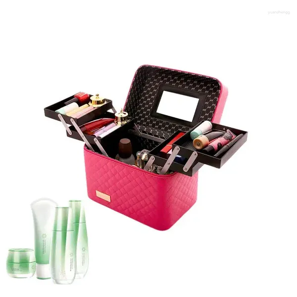 Cajas de almacenamiento, bolsa organizadora de maquillaje con espejo, bolsas de cosméticos, bandeja plegable de 4 capas, caja de aseo multifuncional para viaje