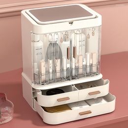 Boîtes de rangement Maquillage Organisateur Boîte Avec Led Lumière Miroir Bijoux De Luxe Pour Colliers Haut De Gamme Rouge À Lèvres Soins De La Peau Masque Facial