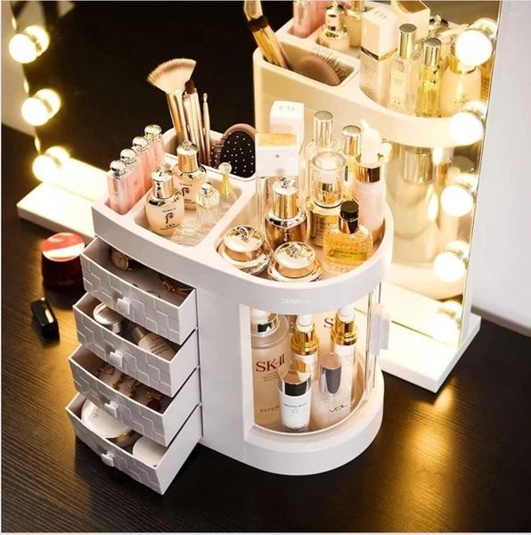 Boîtes de rangement Organisateur de maquillage avec tiroirs à 4 couches Cosmétiques de grande capacité pour les produits de soin de la peau Porte rotative transparente