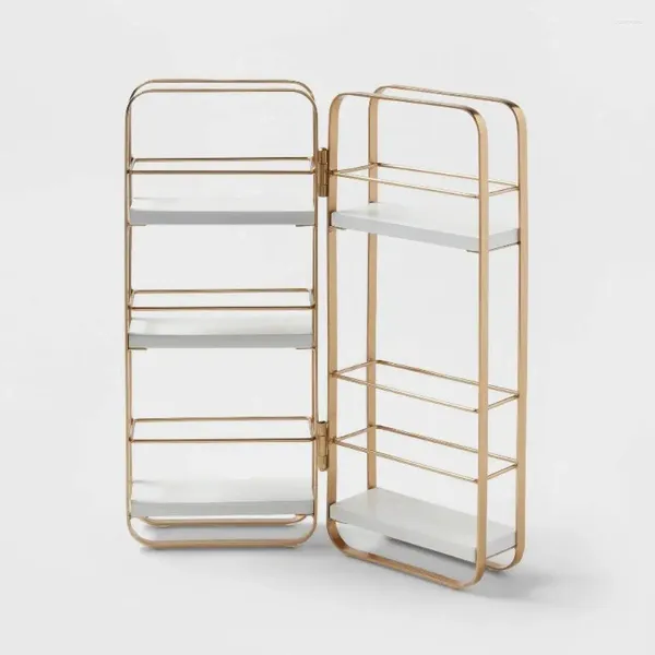 Cajas de almacenamiento Marco de metal Organizador de mesa plegable con múltiples estantes abiertos Magno de tocador de maquillaje de baño blanco y dorado Compacto