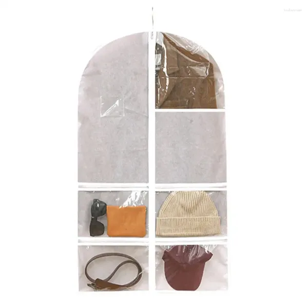 Boîtes de rangement Sac étanche à l'humidité Vêtement transparent suspendu avec fermeture à glissière multi-poches pour vêtements