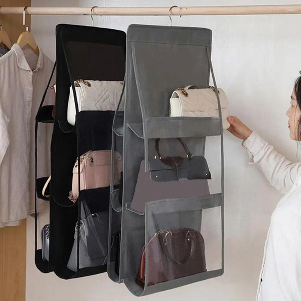 Cajas de almacenamiento Bag Multi Compartment Organizador de colgantes transparentes de doble cara con 6/8 bolsillos ideales para bolsos de bolsos Armario