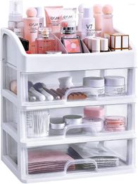 Boîtes de rangement PEIDUO organisateur de maquillage avec 2/3 tiroirs comptoir de vanité pour pinceaux cosmétiques ongles rouge à lèvres et bijoux (blanc)