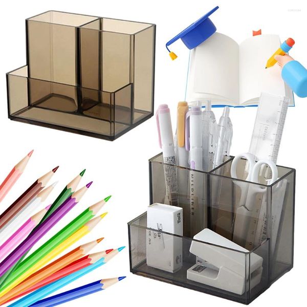 Boîtes de rangement porte-stylo à crayons avec Notes autocollantes, boîte de papeterie à 3 compartiments, conteneur pour fournitures