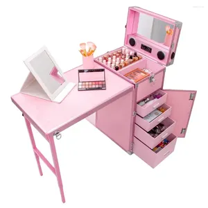 Boîtes de rangement Table à ongles rose Rolling Case Beauty Salon Manucure Makeup Station artiste Cosmetic Trolley
