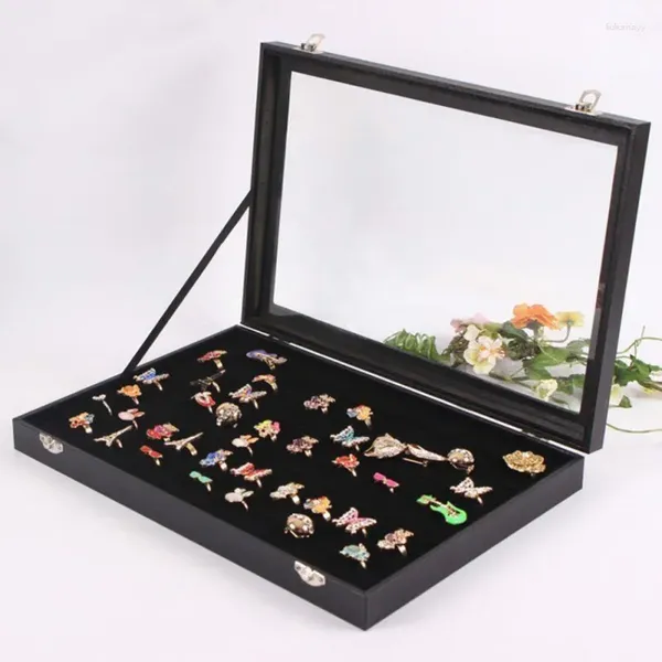 Cajas de almacenamiento portátiles de moda transparente, soporte de exhibición de anillos con 100 ranuras, caja de bisutería para pendientes de Metal, armario de joyería