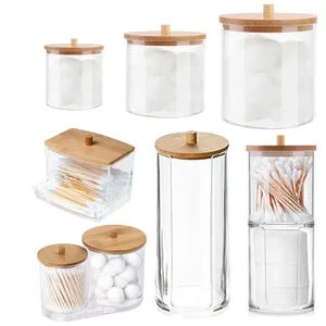 Cajas de almacenamiento, organizador de herramientas de maquillaje de joyería portátil, cubierta de bambú, caja de contenedor redondo transparente