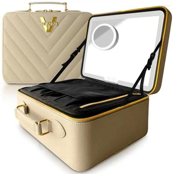 Boîtes de rangement Sac de maquillage à LED portable avec séparateurs réglables et organisateur de voyage professionnel en cuir PU élégant 3 3