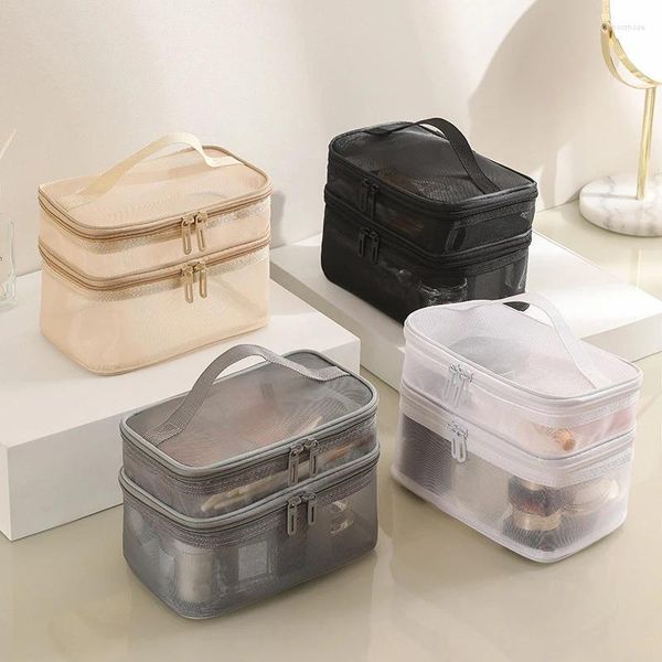 Boîtes de rangement sac de voyage portable sac cosmétique transparent sage en filet transparent à double couche sac à main Organisateur de grande capacité