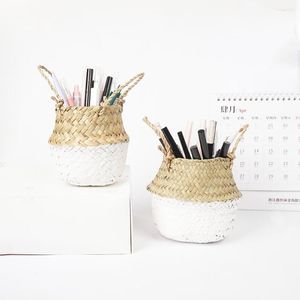 Boîtes de rangement en rotin pour maquillage et cosmétiques, conteneur organisateur de brosses, panier de salle de bains, bureau, petites choses, porte-bijoux