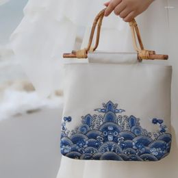 Boîtes de rangement rétro vague broderie velours tissu sac à main chinois rotin bambou poignée dame sac