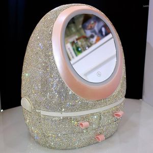 Opbergdozen Rhinestones Ei-vorm LED-Licht Organisator HD Mirror Make-up Creatieve cosmetische Desmetische Desktop Beauty Dust-Proof Lade Type Box