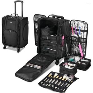 Opbergdozen Rolling Make-up Treinkoffer Zachtzijdige draagtas Trolley Koffer Warmte zijvak 6 afneembare tas Zwarte cosmetische tassen