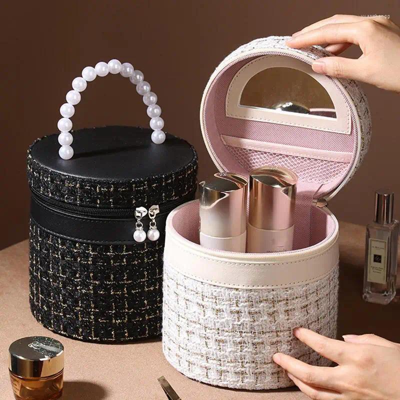 Cajas de almacenamiento Bolsa de maquillaje redonda Cubo de gran capacidad con espejo Organizador impermeable Bolsas de cosméticos de viaje