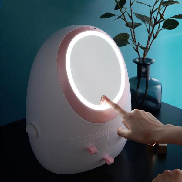 Cajas de almacenamiento del mismo estilo que las celebridades en línea, caja de cosméticos con espejo de luz LED, cajón de rotación, Base desmontable a prueba de polvo portátil